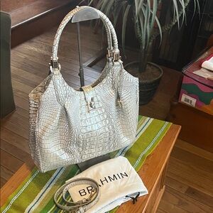Brahmin White Croc-Embossed Shoulder Bag with Double Handles